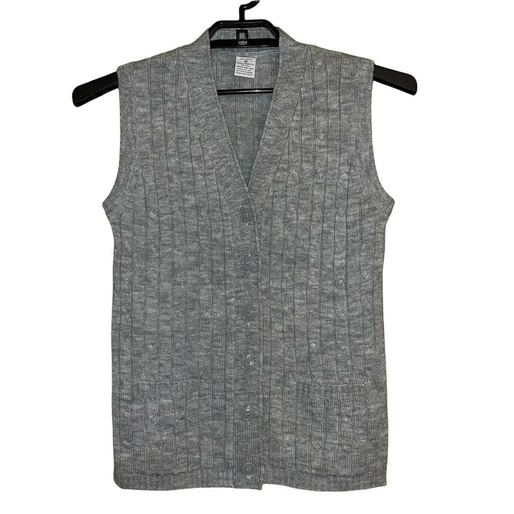 Vintage JC Penney Women Sweater Vest Medium Cable Knit Gray Button Front V-Neck